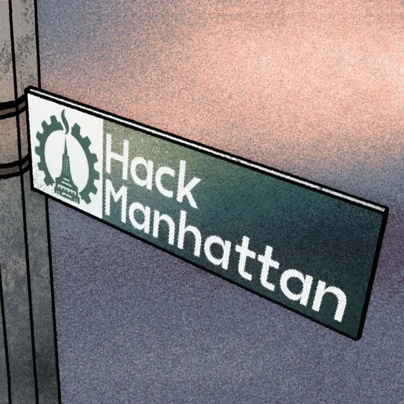 Illustration of a New York City style street sign with the words At Hack Manhattan on it